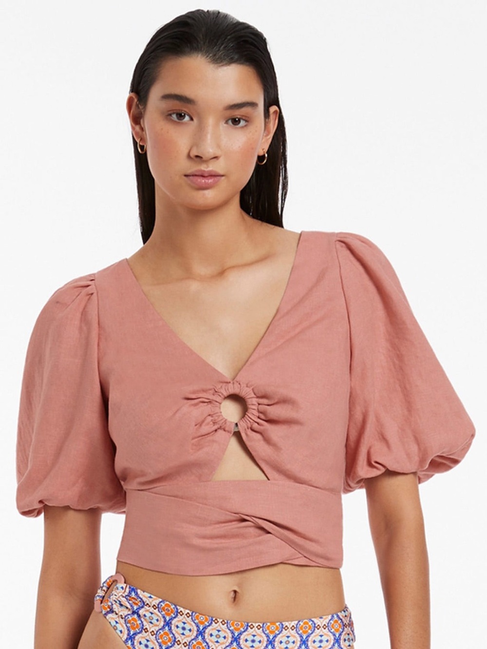 Jets Australia 100% Linen Jetset Puff Sleeve Wrap Around Top Women’s Size 6